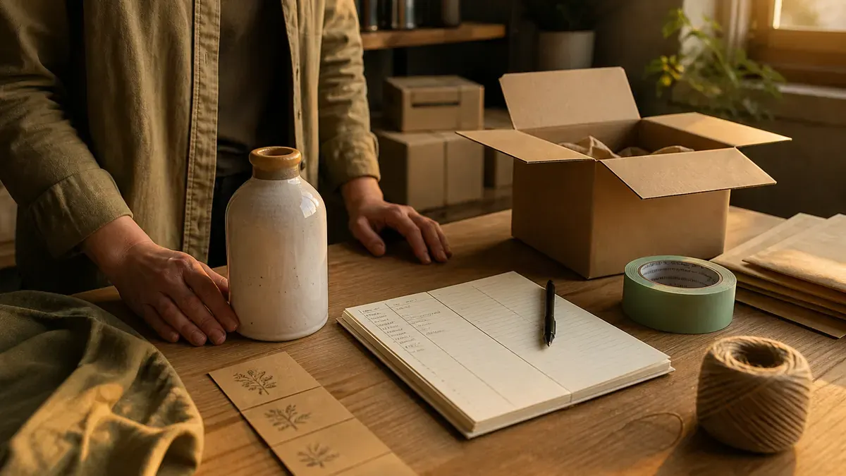 Merchant at a packing table with a ceramic bottle, open notebook, and shipping supplies in warm window light