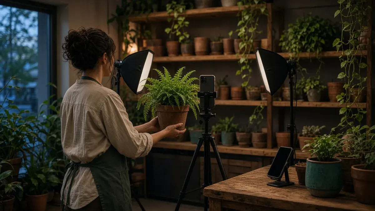 Plant shop owner in a green apron, seen from the side, holding a potted fern toward a phone on a tripod between two softbox lights, with a second phone on a stand and shelves of terracotta pots behind