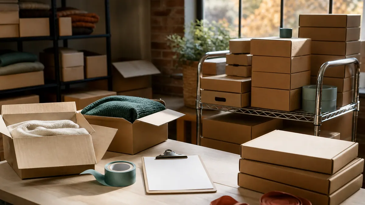 Apparel inventory and kraft shipping boxes staged on a packing table for a Shopify holiday sale rush
