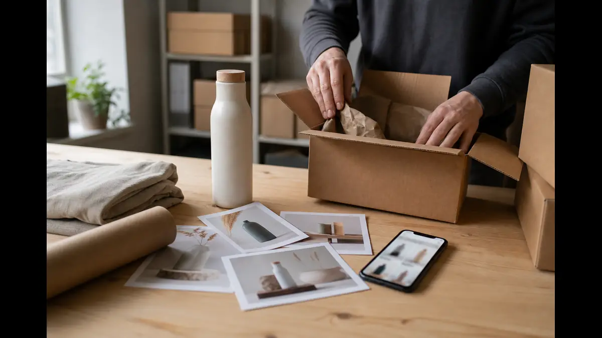 Merchant packing station with ceramic bottle, product photo prints, kraft box, and a phone showing a soft-focus shopping feed