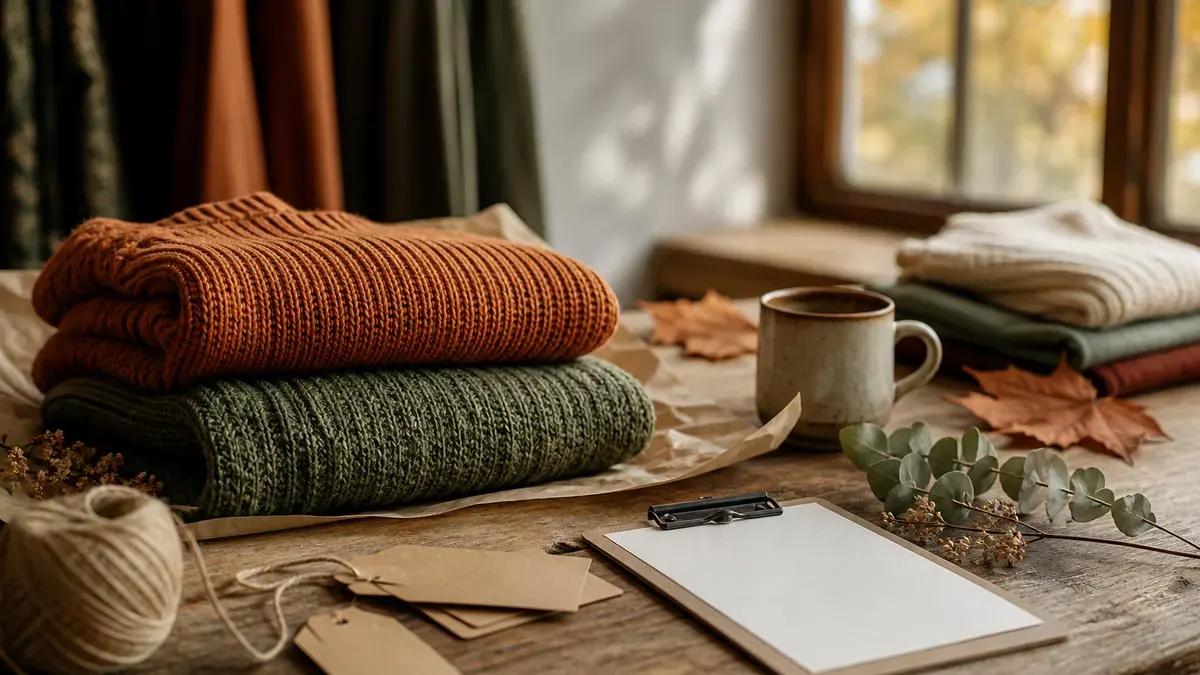 Wood packing table with layered knit sweaters, kraft tags, dried leaves, and a collection checklist in soft autumn window light
