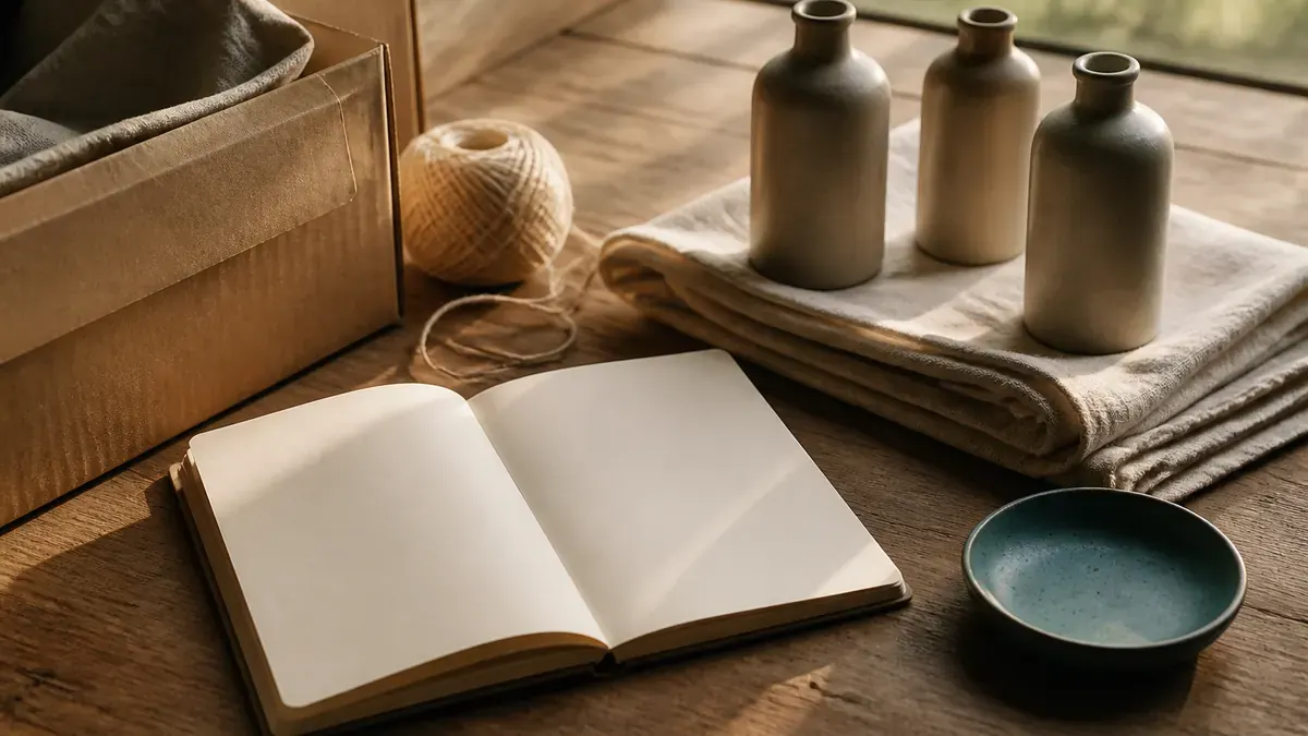 Ceramic product bottles, blank notebook, linen, and kraft shipping supplies on a sunlit merchant packing table