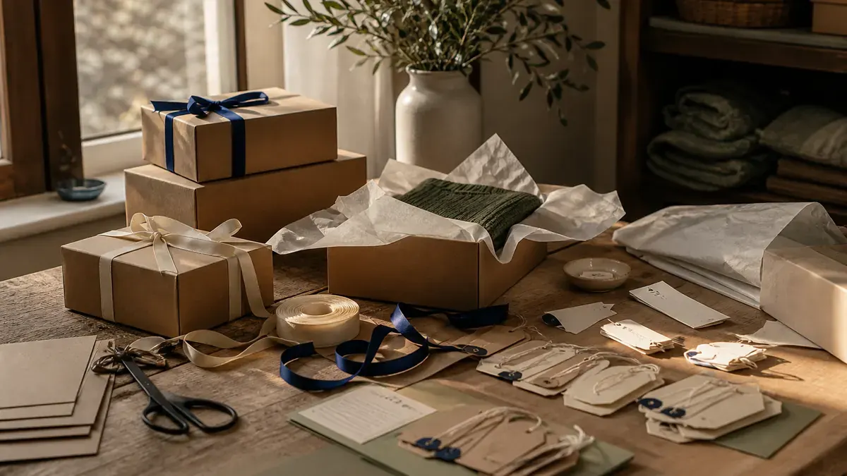 Packing table with kraft gift boxes, tissue paper, ribbon, and sorted gift tags in soft late-afternoon window light