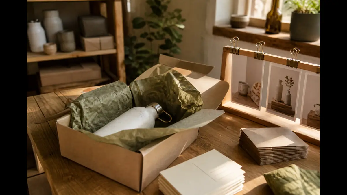Open kraft mailer with a ceramic bottle, blank signup cards, and product photo prints on a merchant packing table