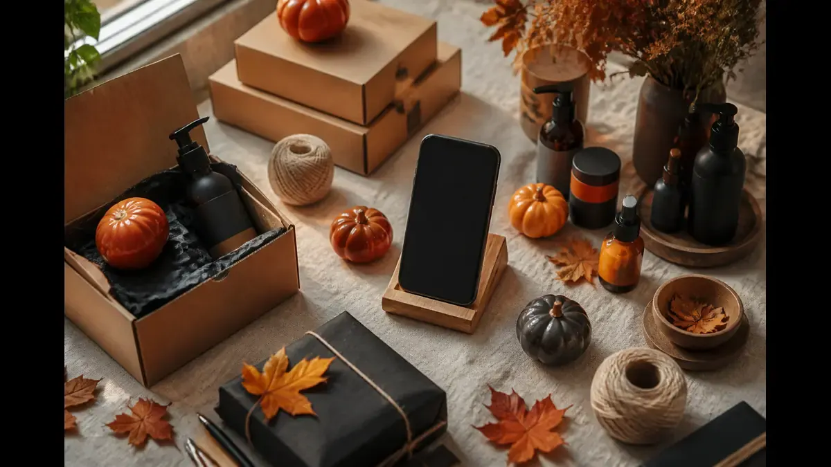Merchant Halloween packing table with ceramic pumpkins, kraft boxes, twine, candle tins, dried leaves, and a blank phone in soft window light