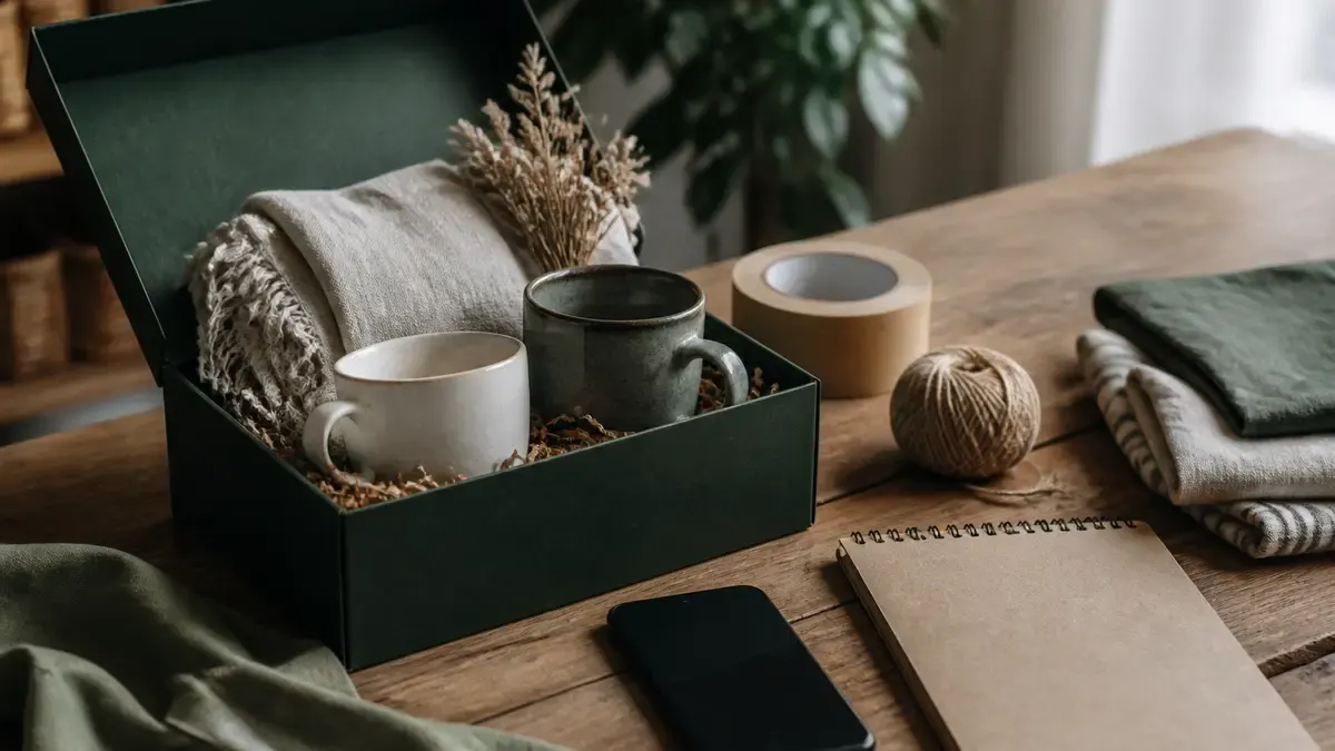 Open gift box with ceramic mugs and linen on a merchant packing table beside tape, twine, and a blank notebook