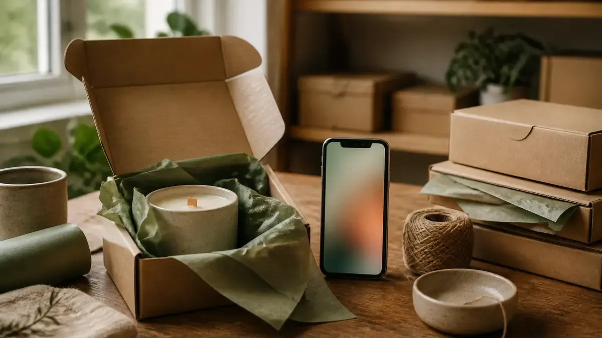 Merchant packing table with a ceramic candle in an open kraft box, smartphone, twine, and stacked shipping cartons in soft window light