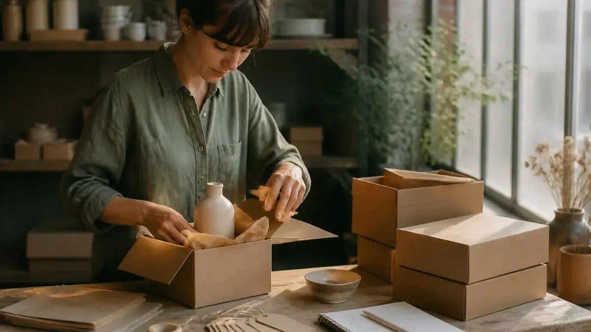 Merchant packing a ceramic bottle into a kraft box beside blank hang tags and a notebook on a studio workbench