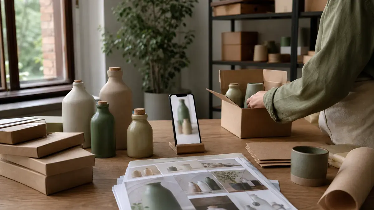 Merchant packing ceramic bottles into kraft boxes beside printed product sheets and a phone on a wooden stand under soft window light