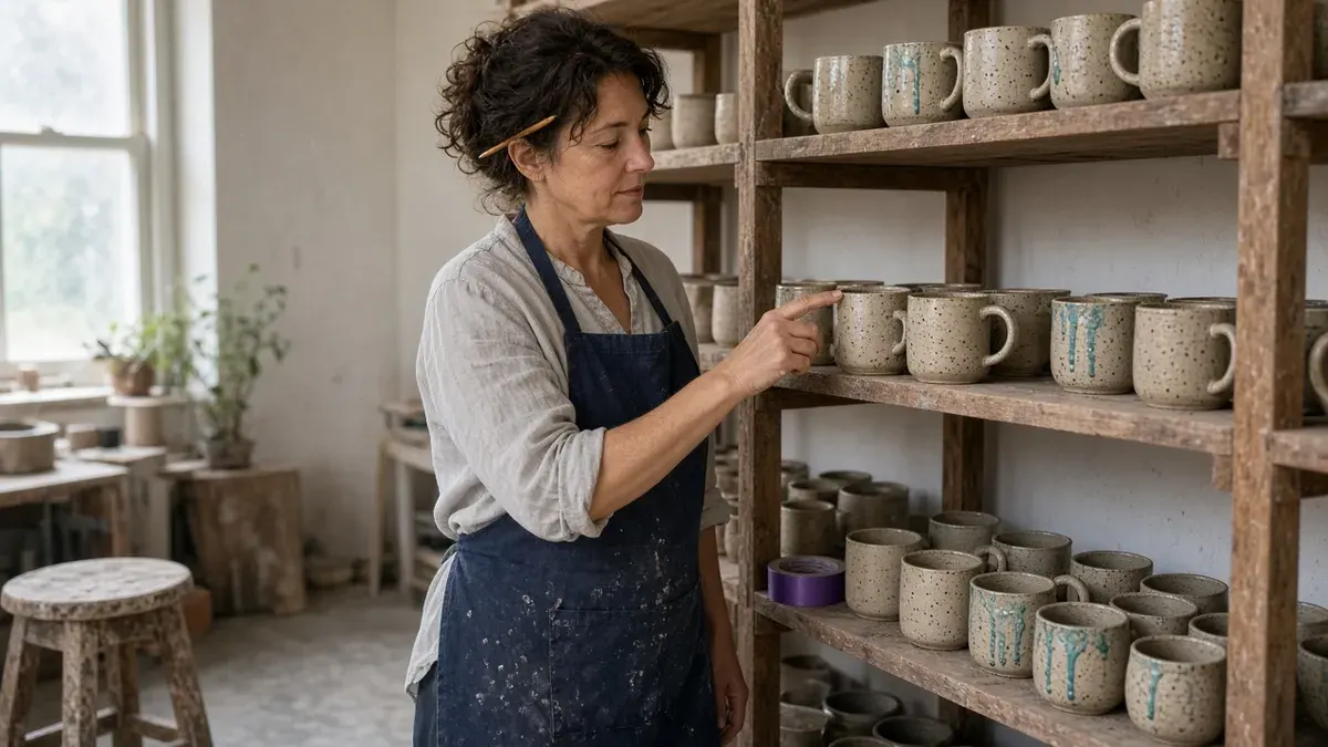 Ceramicist in a navy apron with a pencil behind her ear counting speckled stoneware mugs on a wooden studio shelf, with cyan-blue glaze drips on some mugs and a violet roll of packing tape on a lower shelf