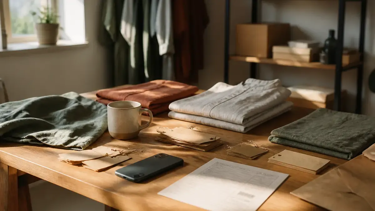 Linen apparel samples, kraft tags, ceramic mug, and a face-down phone on a warm oak studio table in soft window light