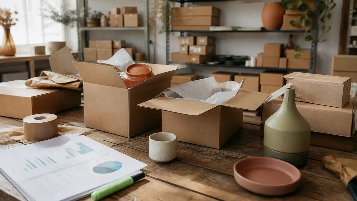 Ceramic products and kraft shipping boxes on a packing table beside printed sales charts for a Shopify store