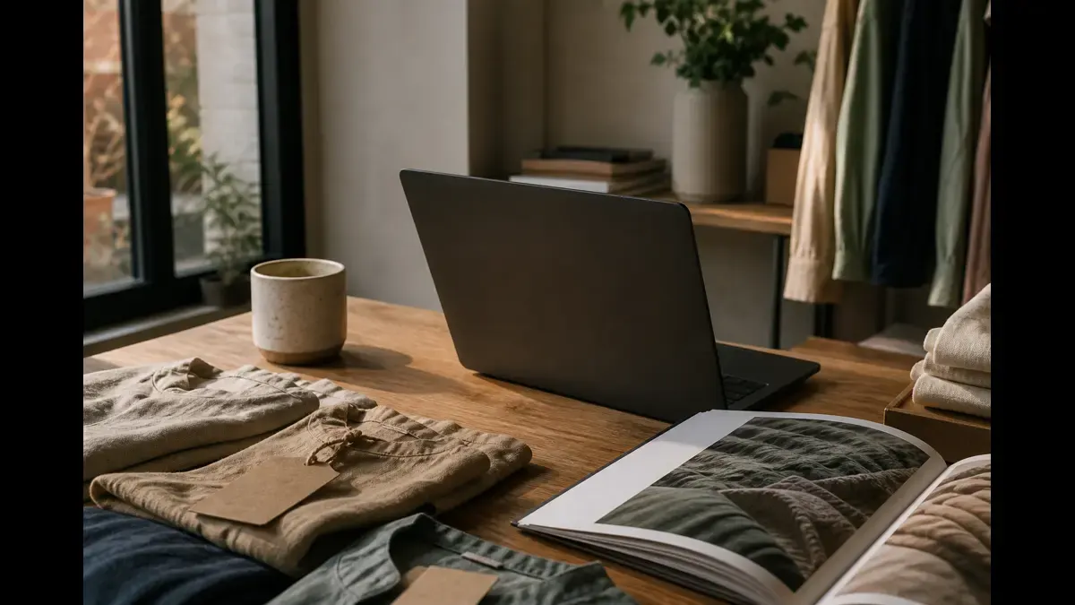 Linen apparel samples, kraft tags, ceramic mug, open fabric lookbook, and a closed laptop on a warm oak studio desk by a window
