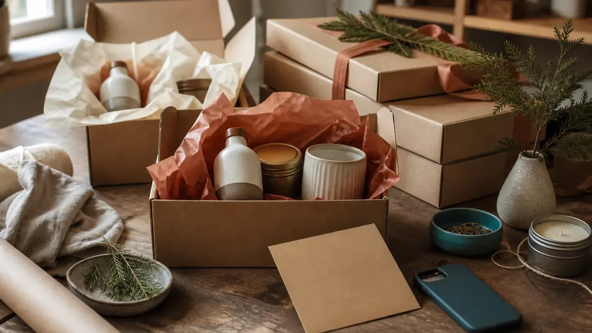 Holiday packing table with kraft boxes, gift-ready bottles, blank VIP invite card, and a face-down phone in soft morning light