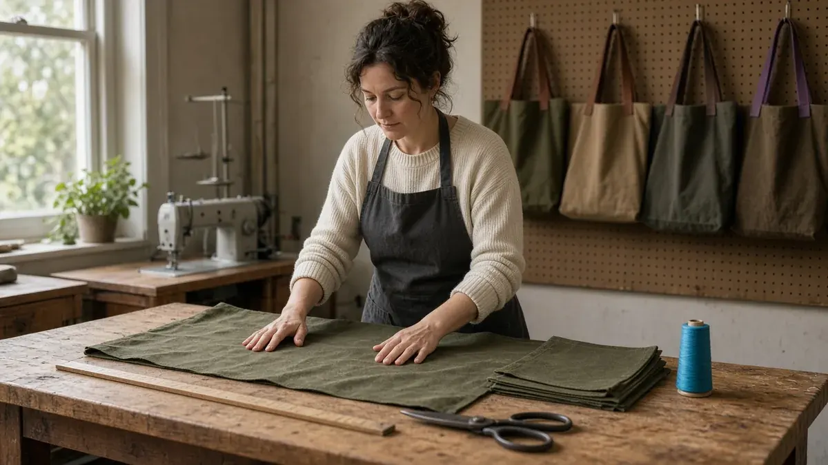 Maker in a charcoal canvas apron and cream knit sweater smoothing a length of olive-green waxed canvas across a worn oak cutting table, with a wooden yardstick, steel shears, a stack of cut canvas panels, and a cyan-blue thread cone on the table, four finished canvas tote bags with leather and violet straps hanging on a pegboard wall behind her, and an industrial sewing machine under a daylit window