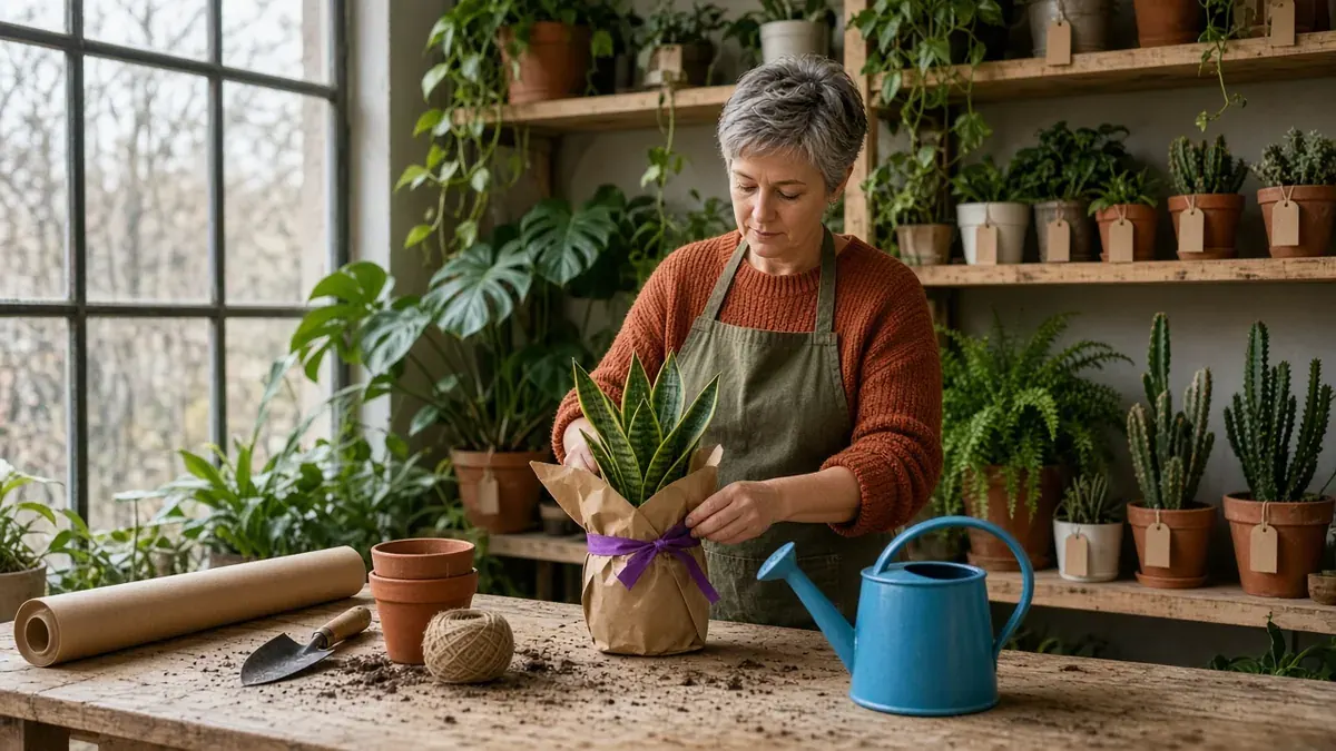 Shop owner in a rust knit sweater and olive canvas apron wrapping a potted snake plant in brown kraft paper with a violet ribbon at a worn oak potting table, with a cyan-blue watering can, a roll of kraft paper, a ball of twine, and terracotta pots on the table, and pine shelves of potted plants with blank kraft hang tags behind her beside a tall steel-framed window