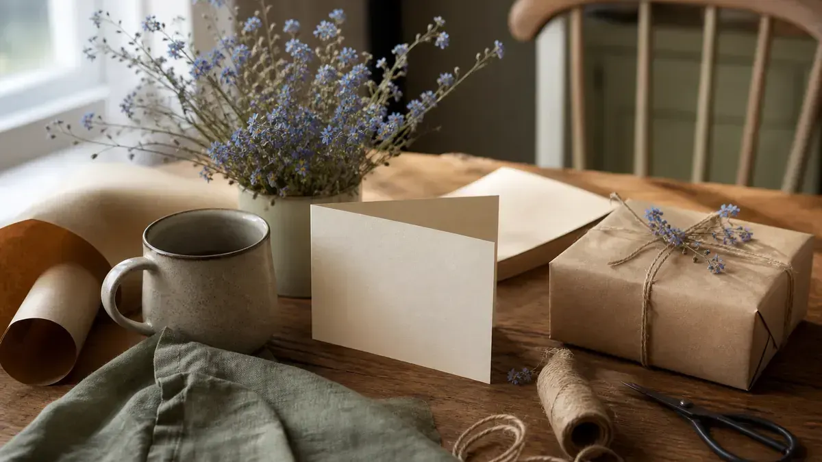 Kitchen table gift prep with kraft paper, twine, blank card, ceramic mug, dried flowers, and a wrapped box in soft morning light