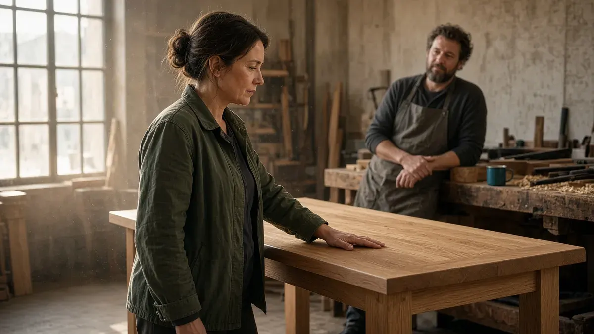 Woman in a dark green canvas jacket resting her hand on a finished solid oak dining table in a furniture maker's showroom, a bearded maker in a grey work apron leaning on a workbench with a teal enamel mug in the soft background, late afternoon light through tall windows