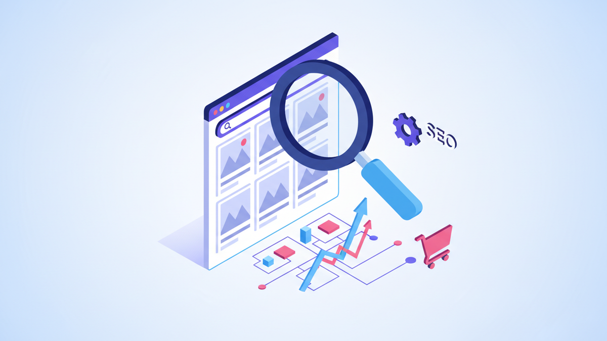 Shopify collection page SEO optimization guide showing a well-structured category page with title, description, and schema markup