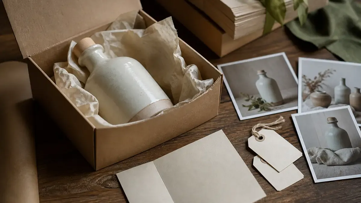Open kraft gift box with a ceramic bottle, blank note card, hang tags, and product photo prints on a merchant desk