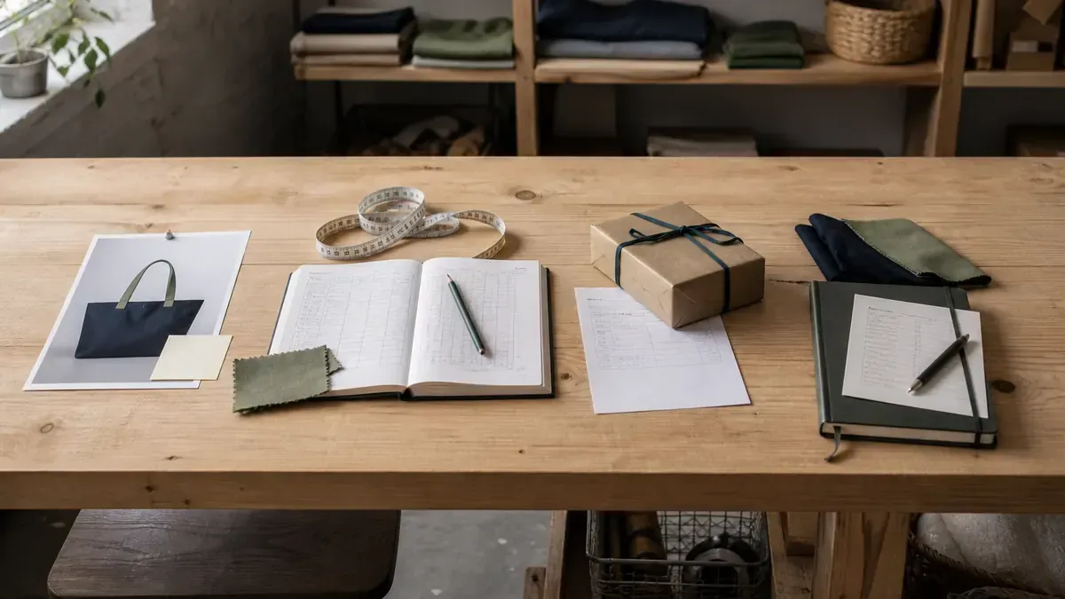 Four stations on a wood worktable: product print with cue note, measuring tape and size notes, wrapped checkout box, and a closed capture notebook