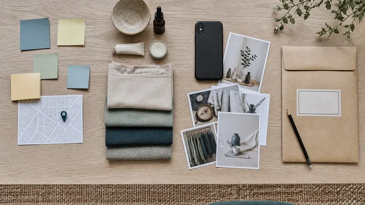 Overhead planning table with sticky notes, fabric swatches, face-down phone, lifestyle photo prints, and a kraft envelope for a four-step back-to-school campaign