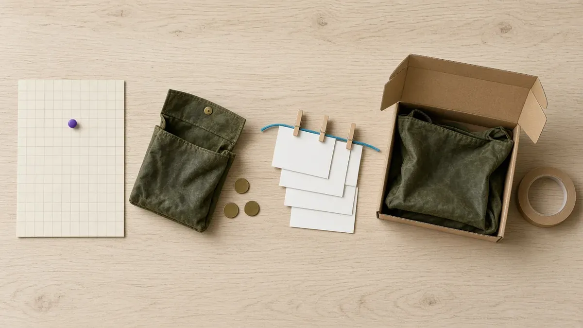 Overhead view of four object groups in a row on a pale birch workbench: a cream grid sheet with no writing and one violet push pin in a single square; an open olive waxed-canvas pouch with three plain brass discs beside it; four blank white cards fanned beneath three small wooden clothespins on a cyan-blue cord; and an open kraft shipping box holding a folded olive canvas tote, with a roll of brown paper tape beside it