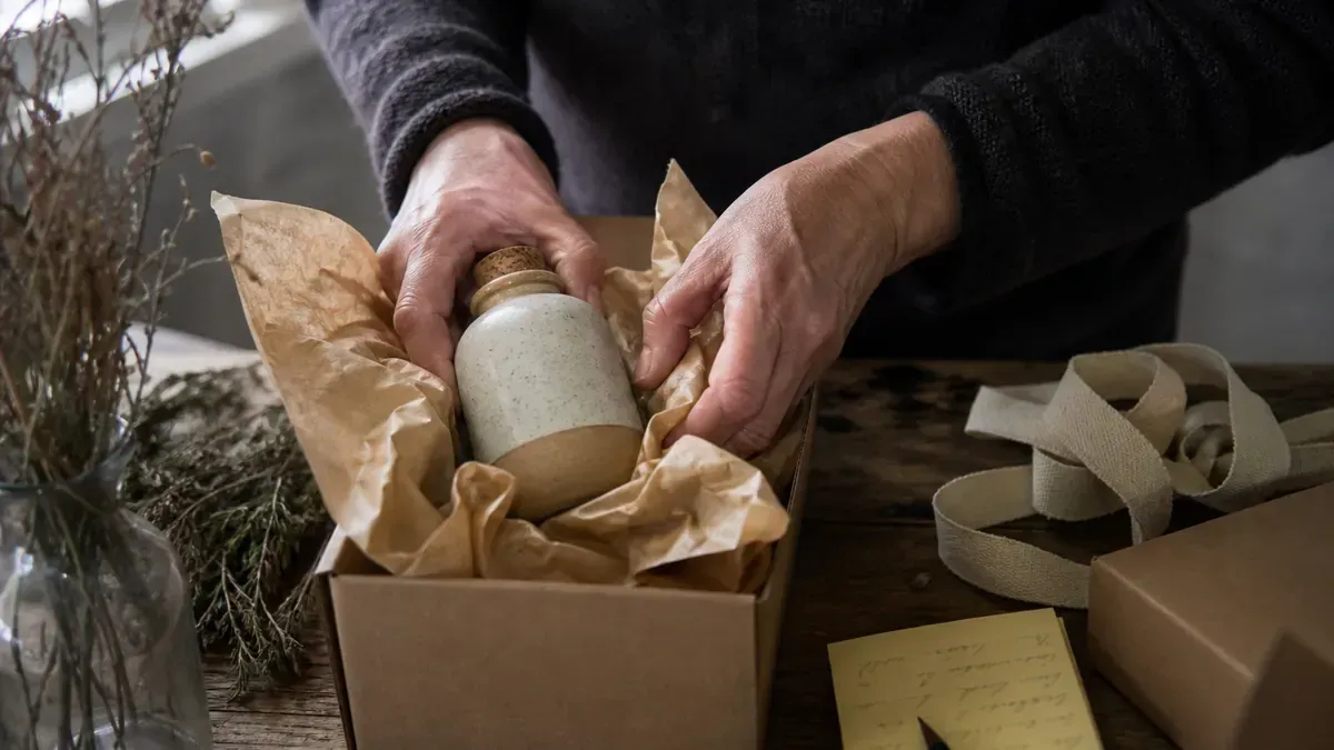 Hands packing a ceramic bottle into kraft tissue inside a shipping box beside packing notes and ribbon