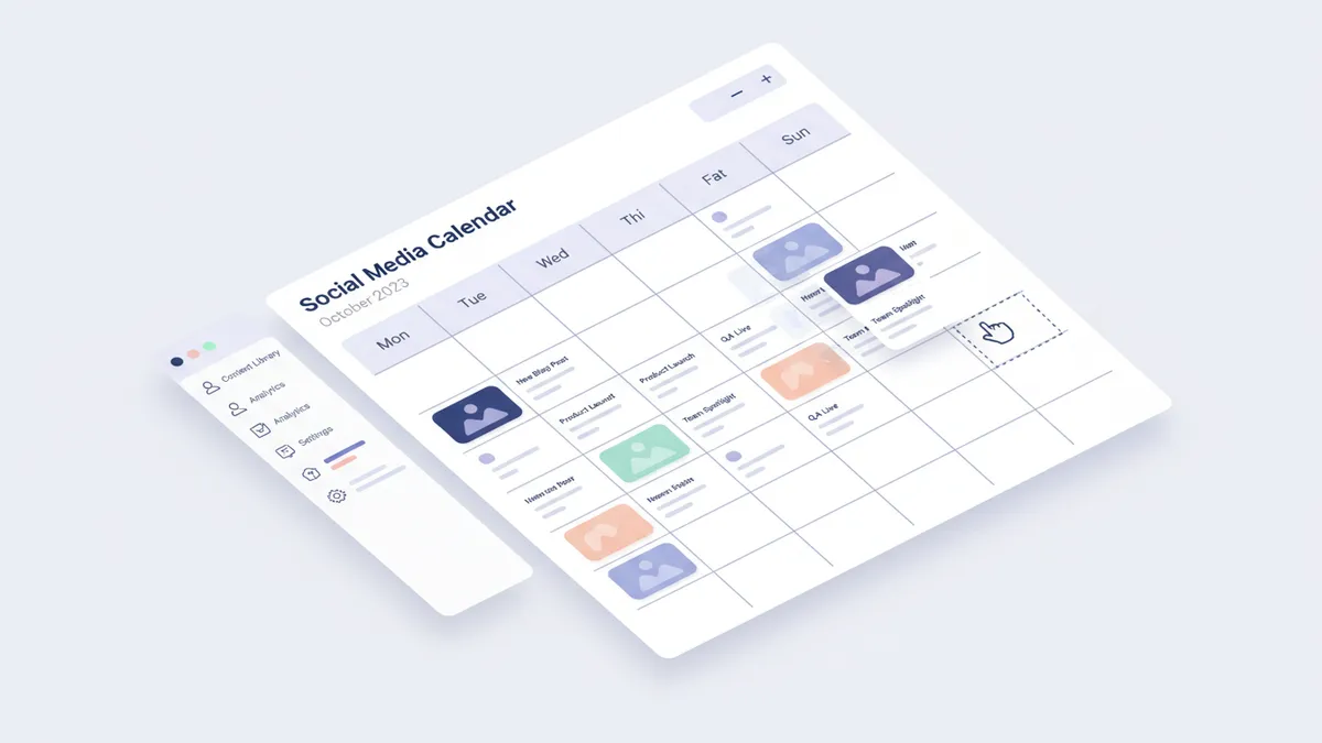 Drag-and-drop social media calendar interface.