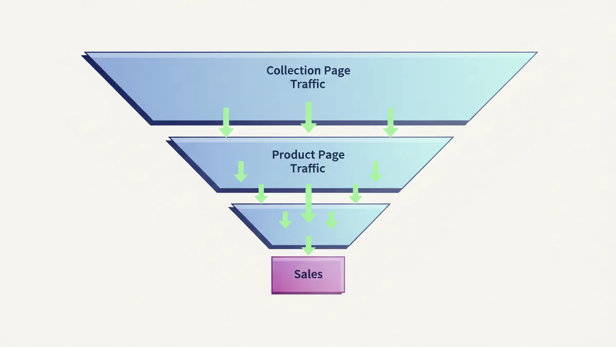 Diagram of an ecommerce sales funnel showing how collection pages drive traffic that converts into sales via product pages.