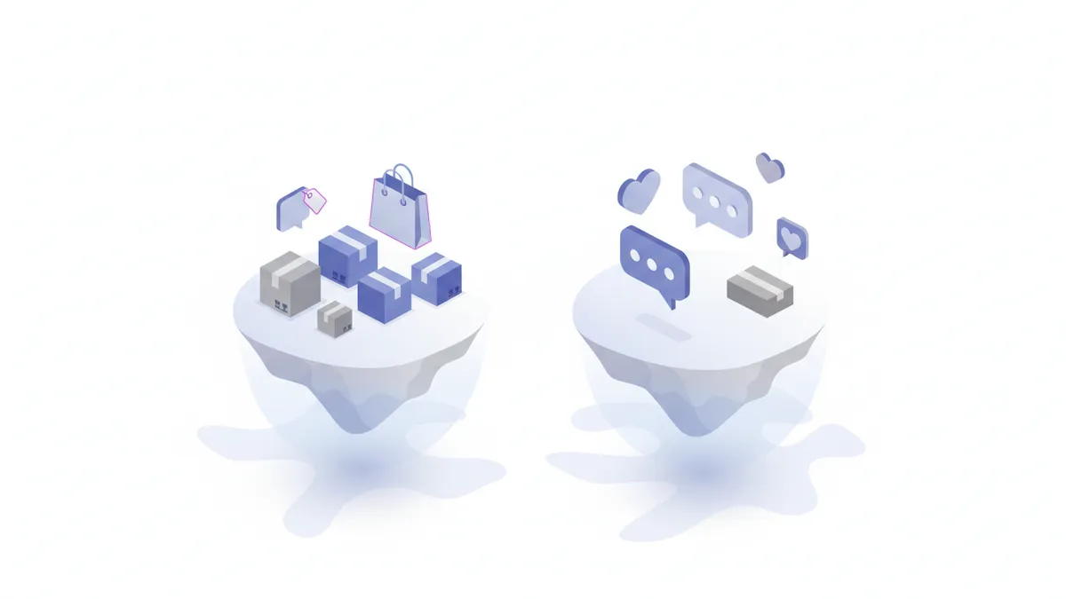 Illustration showing a disconnect between e-commerce inventory and social media platforms