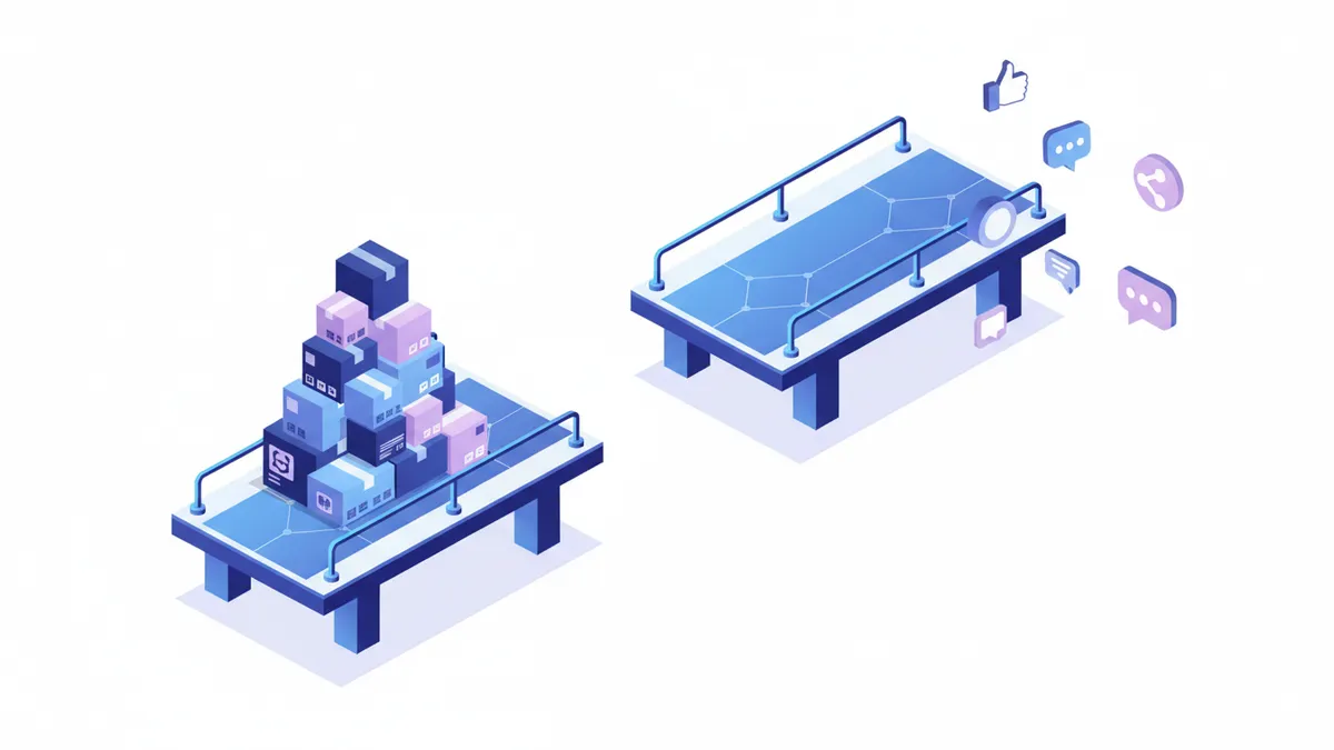 Illustration showing a broken bridge between e-commerce products and social media platforms, symbolizing a lack of integration.