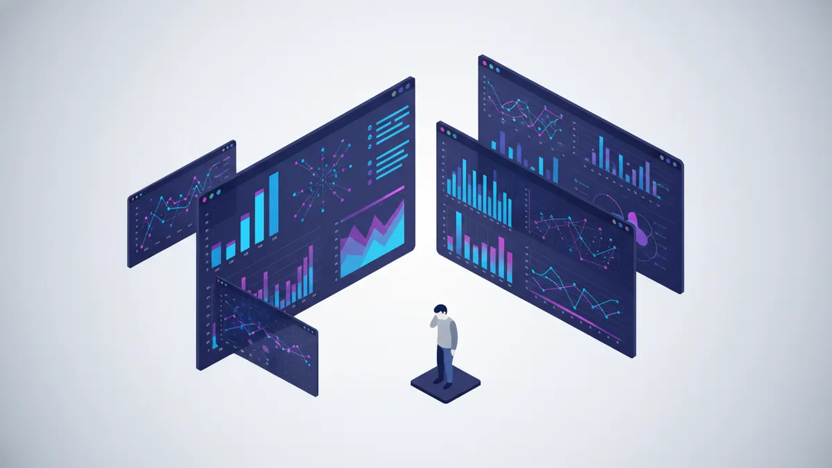 A complex, data-heavy dashboard illustration showing overwhelming analytics screens, representing enterprise software complexity.