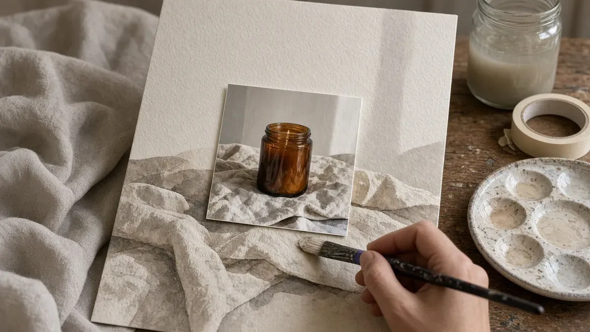 Close-up of a small square photo print of an amber glass jar candle on linen taped to a much larger tall sheet of watercolor paper, where a hand with a flat brush has painted the same linen and pale wall outward past the print edges so the square photo appears to grow into a tall portrait image, with a ceramic palette, jar of water, and masking tape beside it