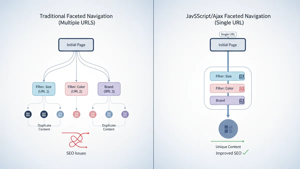 Diagram comparing traditional and JavaScript/Ajax-based faceted navigation.