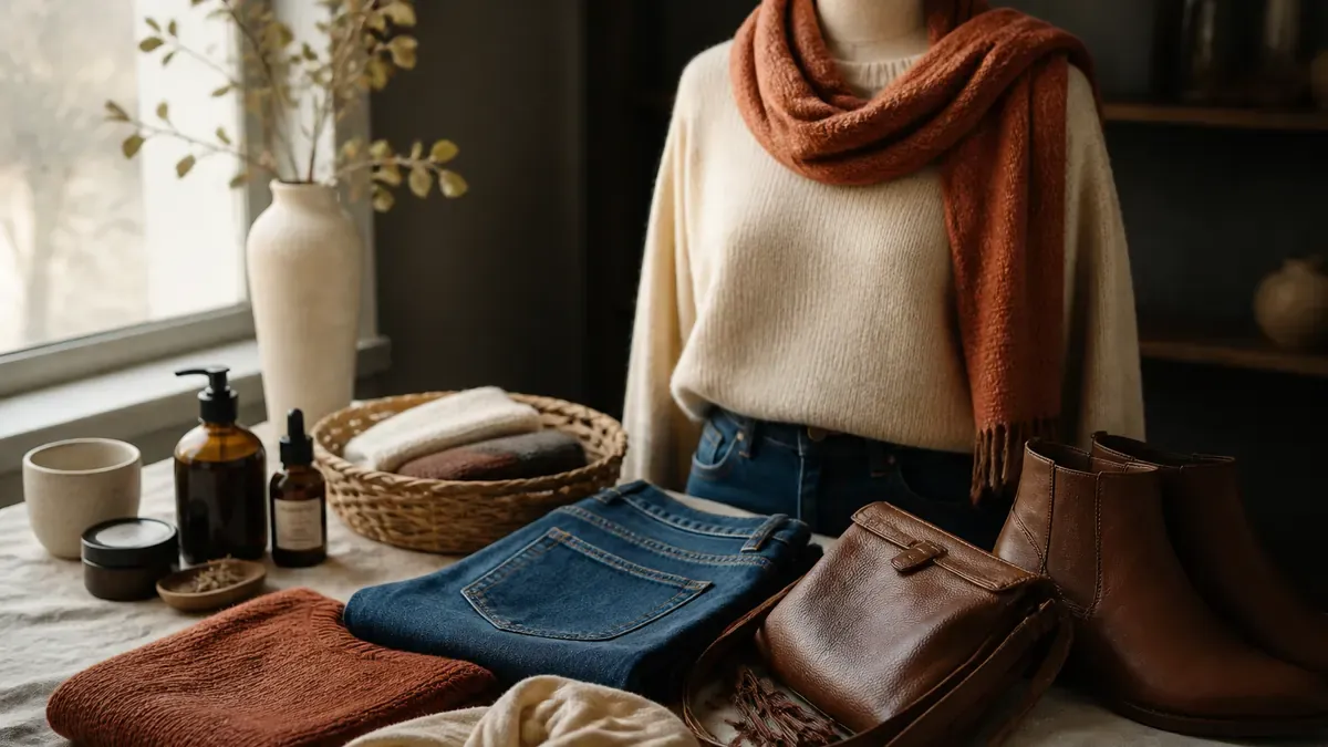Mannequin with layered autumn outfit beside a linen flat-lay of accessories for a fall lookbook shoot