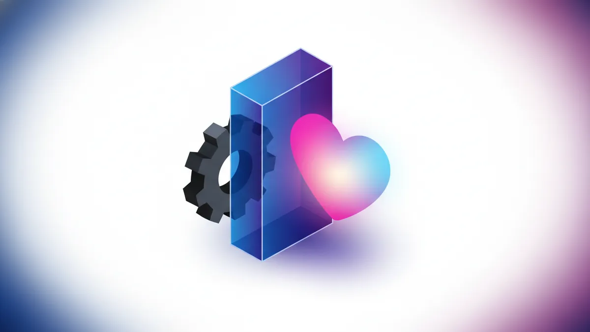 Illustration showing a mechanical gear transforming into a glowing heart through a prism, symbolizing features turning into benefits.