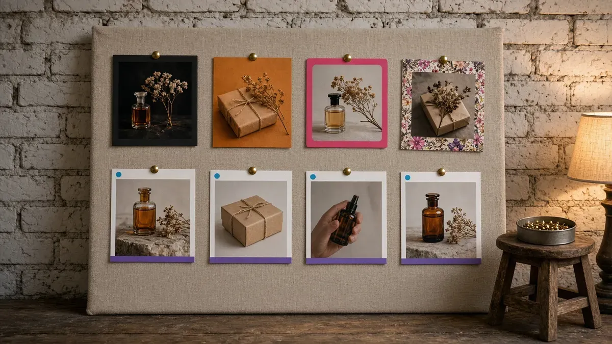 Linen pinboard with two rows of four product photo prints: the top row in clashing black, orange, hot-pink, and floral borders, the bottom row in matching white margins with the same violet band and cyan-blue corner dot