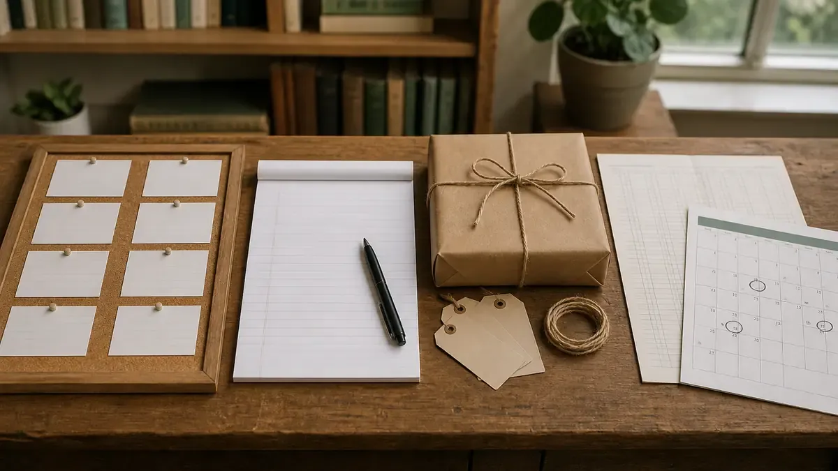 Four merchant workbench stations with scout cards, a blank brief, a kraft gift sample, and a paper ledger for a creator affiliate workflow