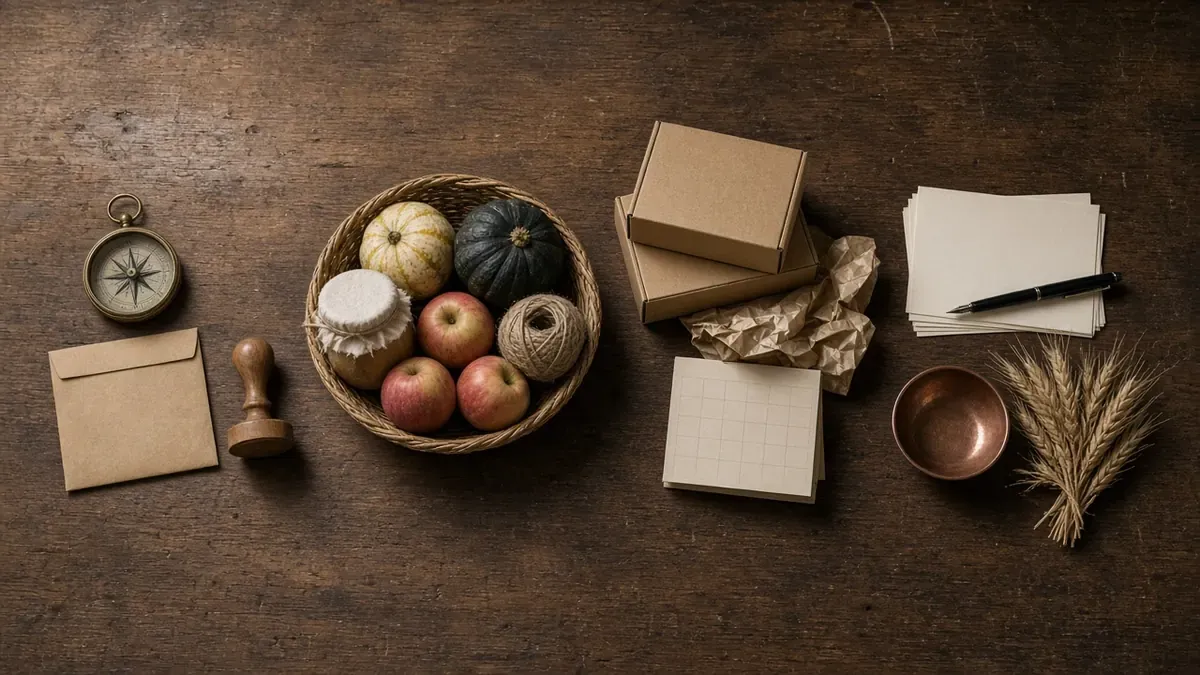 Four still-life clusters on a worn oak bench: compass and blank envelope, harvest basket, sealed kraft boxes with a blank calendar, then thank-you cards and wheat