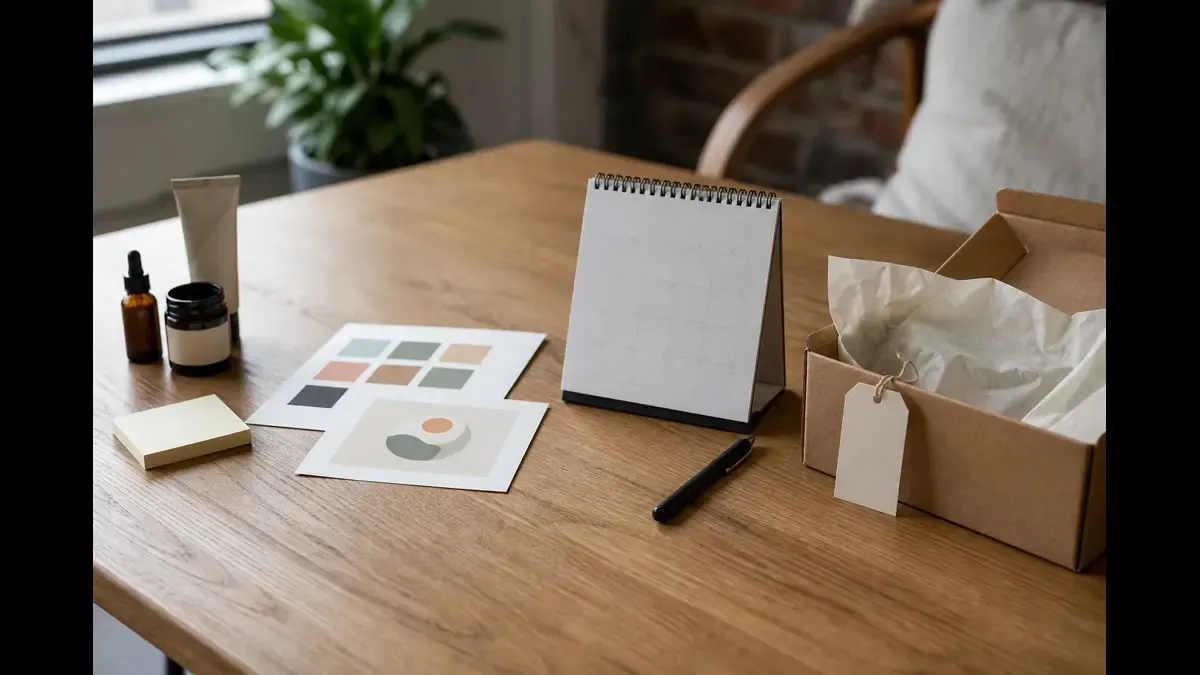 Four stations on a light oak table with product samples, color swatches, a blank weekly calendar, and a kraft gift box for Fit-Frame-Feed-Funnel