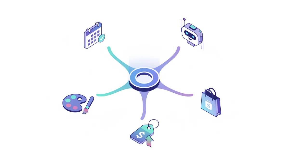 Diagram showing five key features: scheduling, AI, branding, shopping integration, and price.