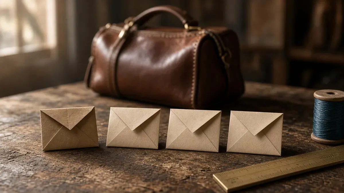 Close-up of a leather-worker's bench with four identical small kraft envelopes lined up in an evenly spaced row in sharp focus, a handmade brown leather weekend bag softly blurred behind them, a brass ruler and a spool of teal waxed thread at the edge of the frame in warm morning light