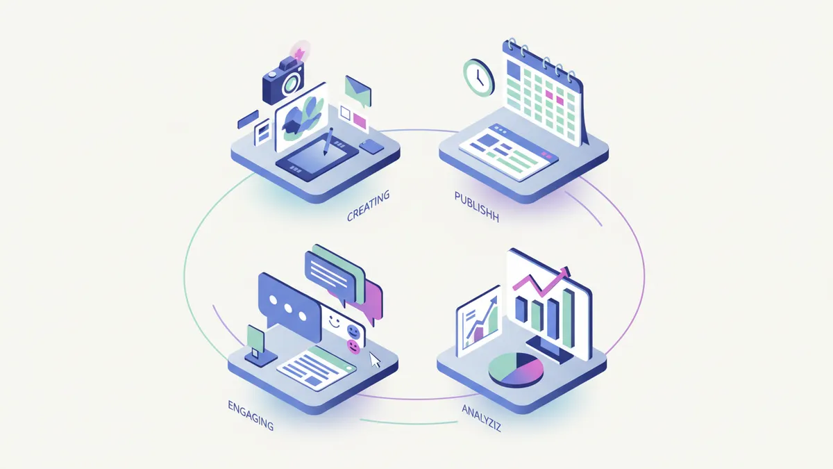The four key tasks of social media management: creating, publishing, engaging, and analyzing.
