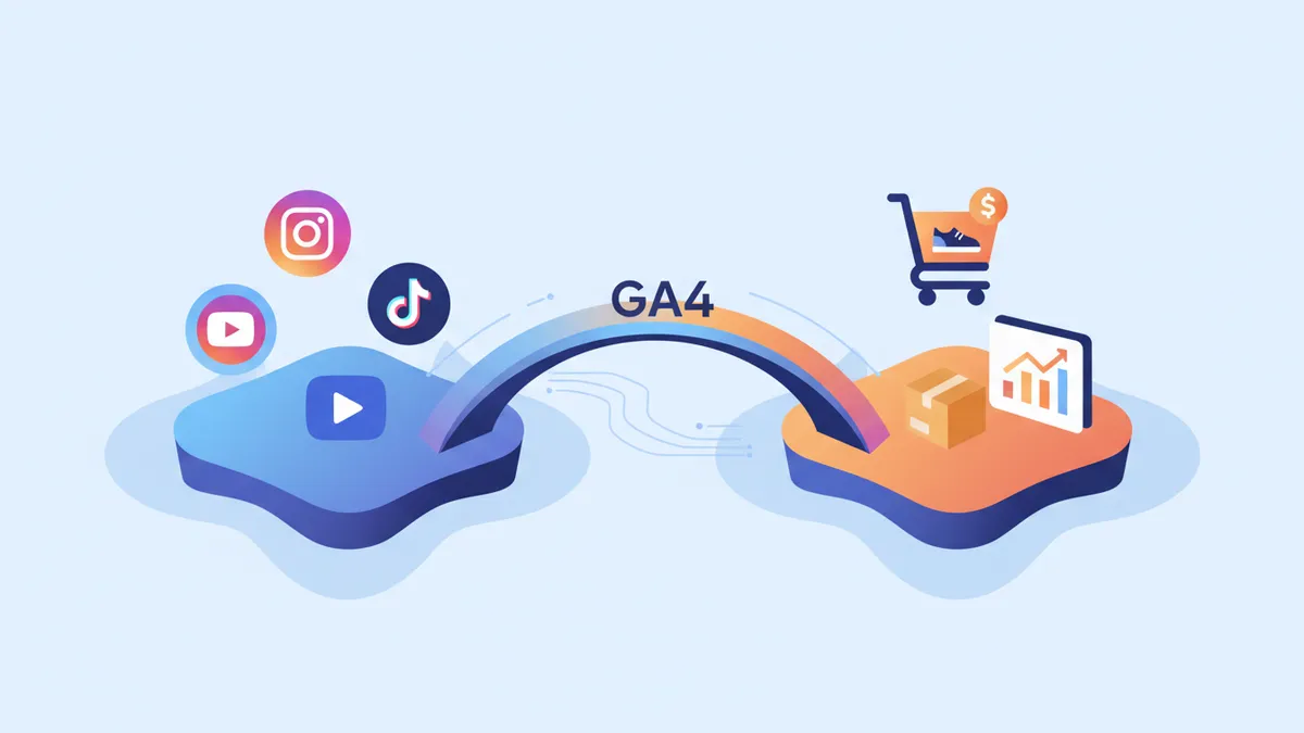 Illustration showing GA4 as a bridge between social media and a Shopify store.