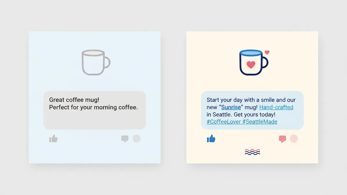 Comparison of generic vs. brand-aware AI-generated social media captions.