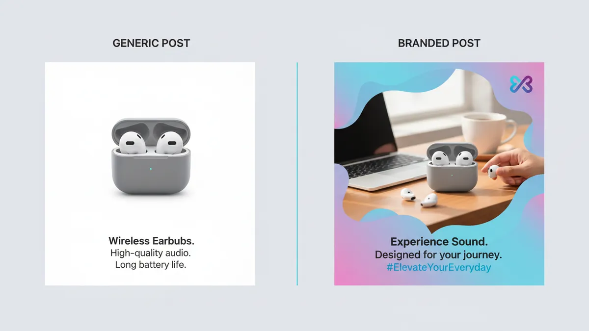 Side-by-side comparison of a generic Outfy product post versus a branded post with on-brand caption and visual identity applied.