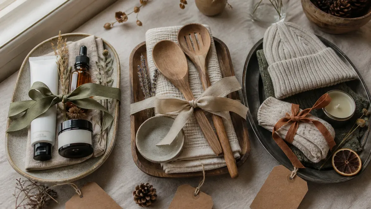 Three curated holiday gift bundles on linen with kraft tags and dried botanicals
