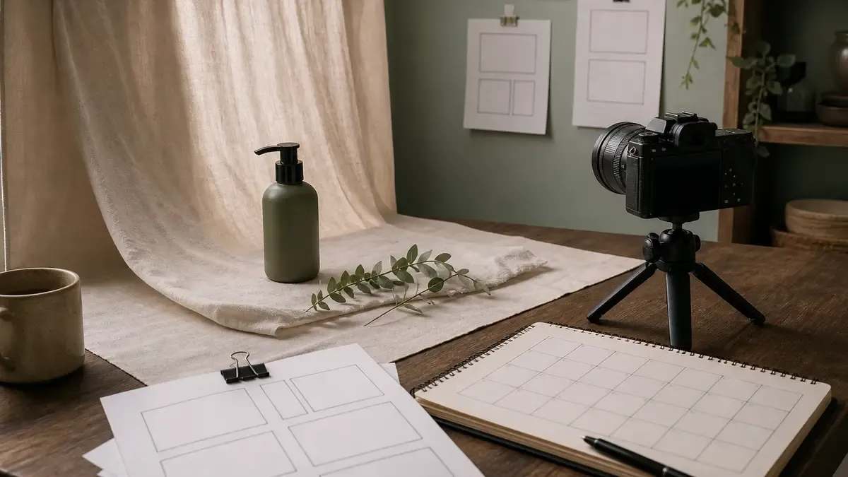 Product photography setup with a hero bottle, camera on a tabletop tripod, blank storyboard sheets, and an open content calendar