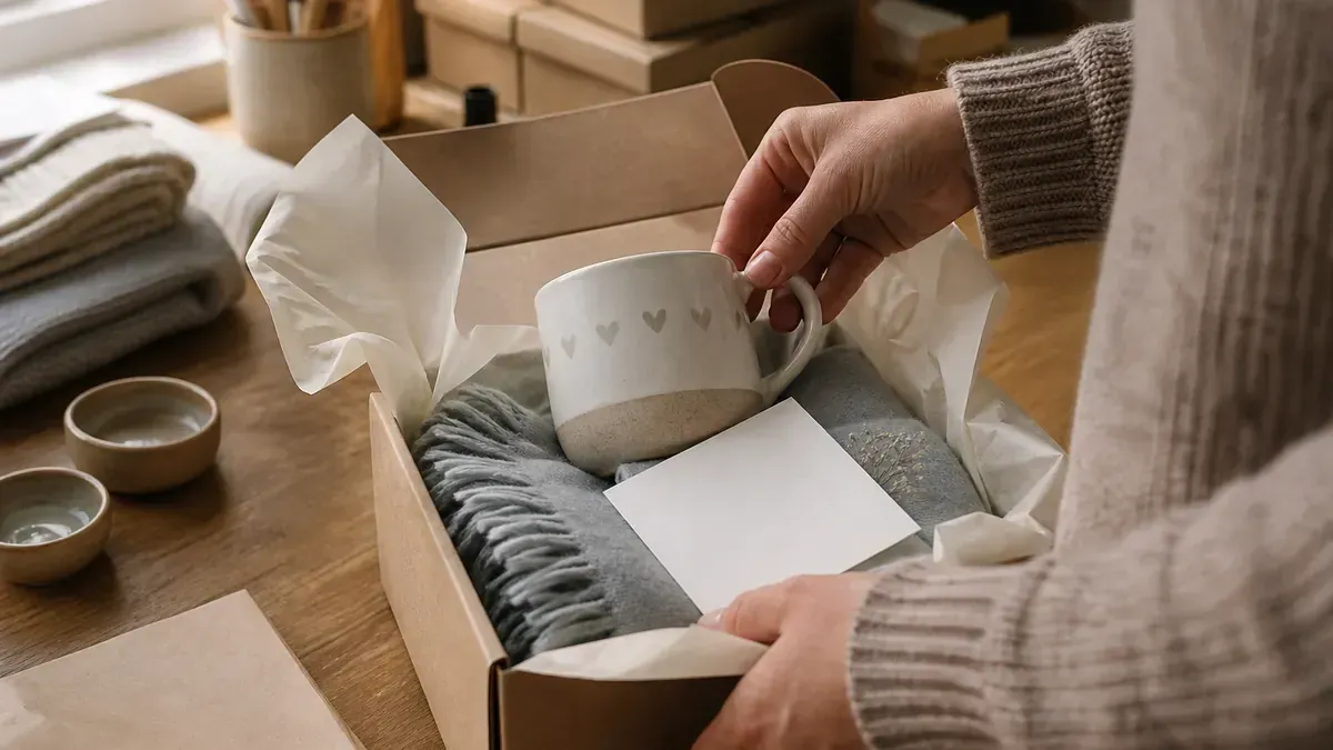 Merchant hands packing a ceramic mug, folded scarf, blank card, and tissue into a kraft gift box on a quiet packing bench